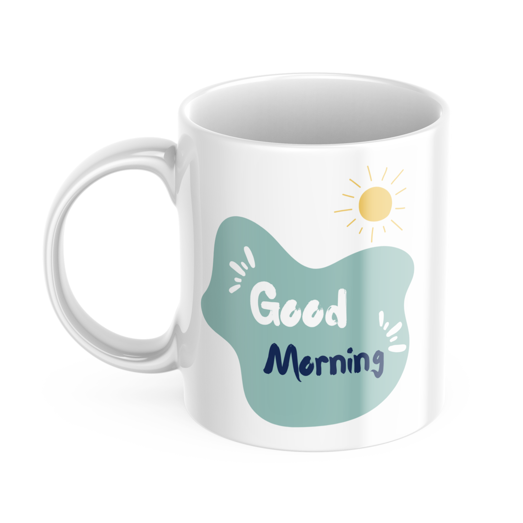 Romantic Mountain Tent Mug 11oz with colourful outdoor camping illustration and Good Morning text, ceramic coffee cup for hikers and adventure lovers
