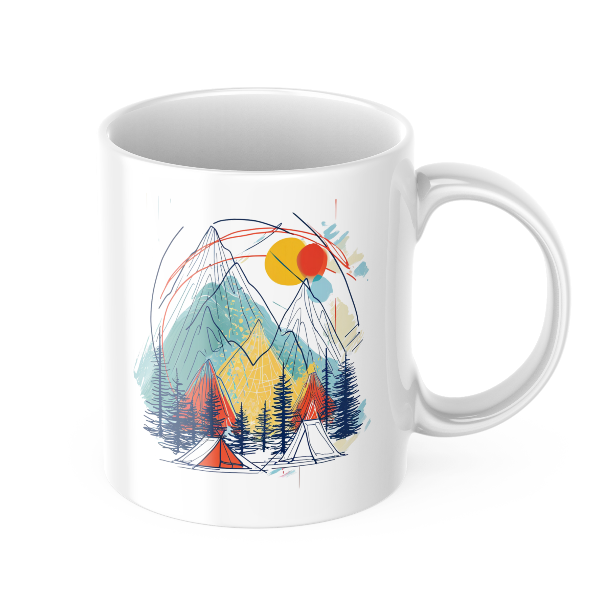 Romantic Mountain Tent Mug 11oz with colourful outdoor camping illustration and Good Morning text, ceramic coffee cup for hikers and adventure lovers
