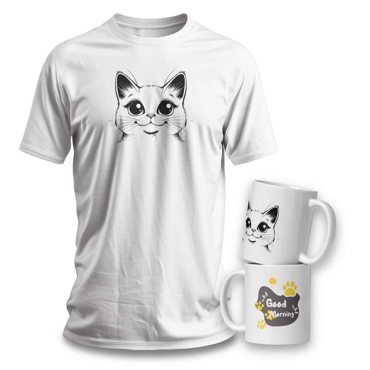 Cute Cat Face T-Shirt & Mug Set – Adorable Cat Lover Collection