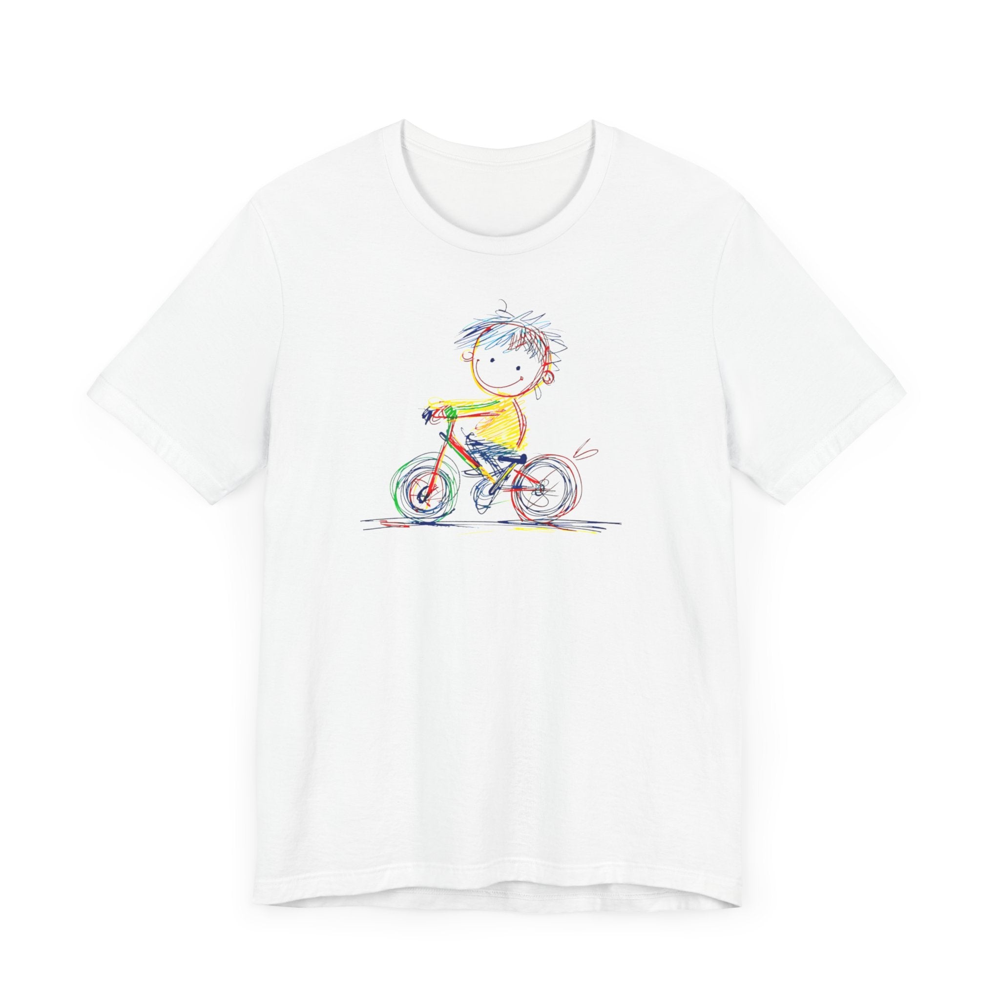 White t-shirt with colourful sketch of child on bicycle