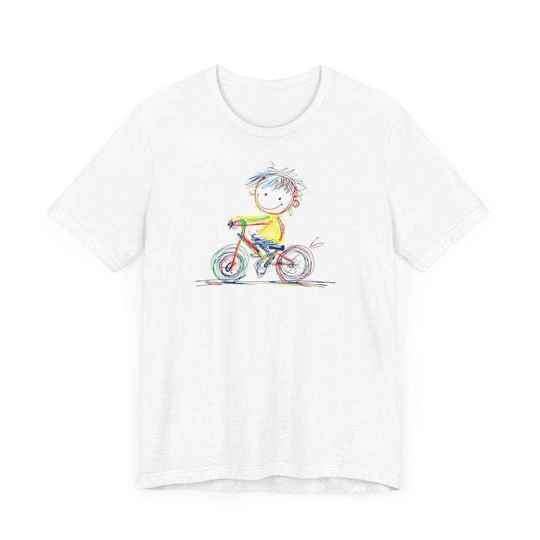 White t-shirt with colourful sketch of child on bicycle