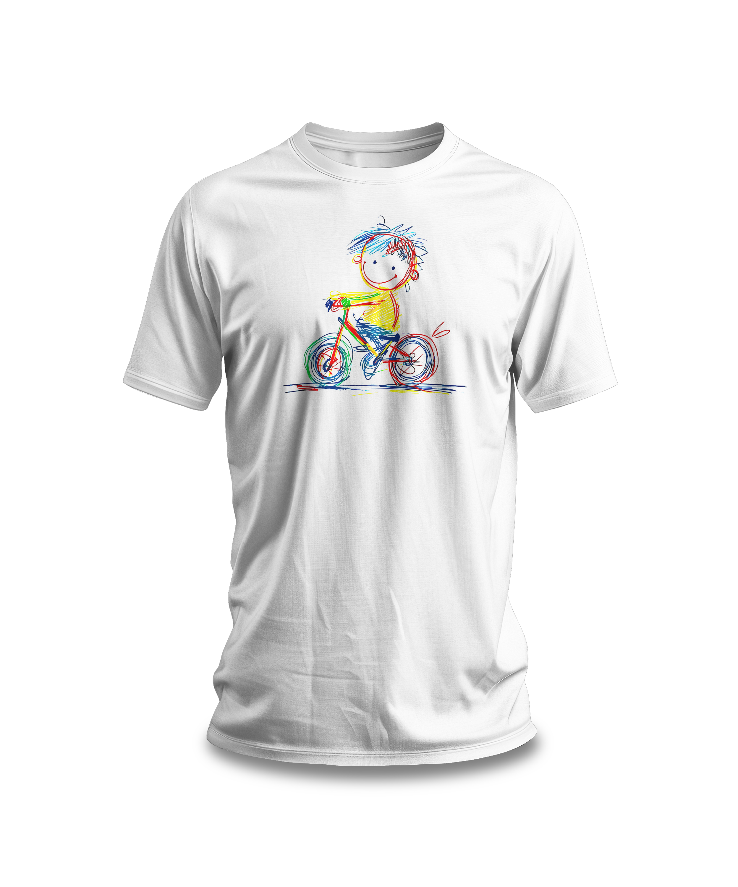 White t-shirt with colourful sketch of child on bicycle