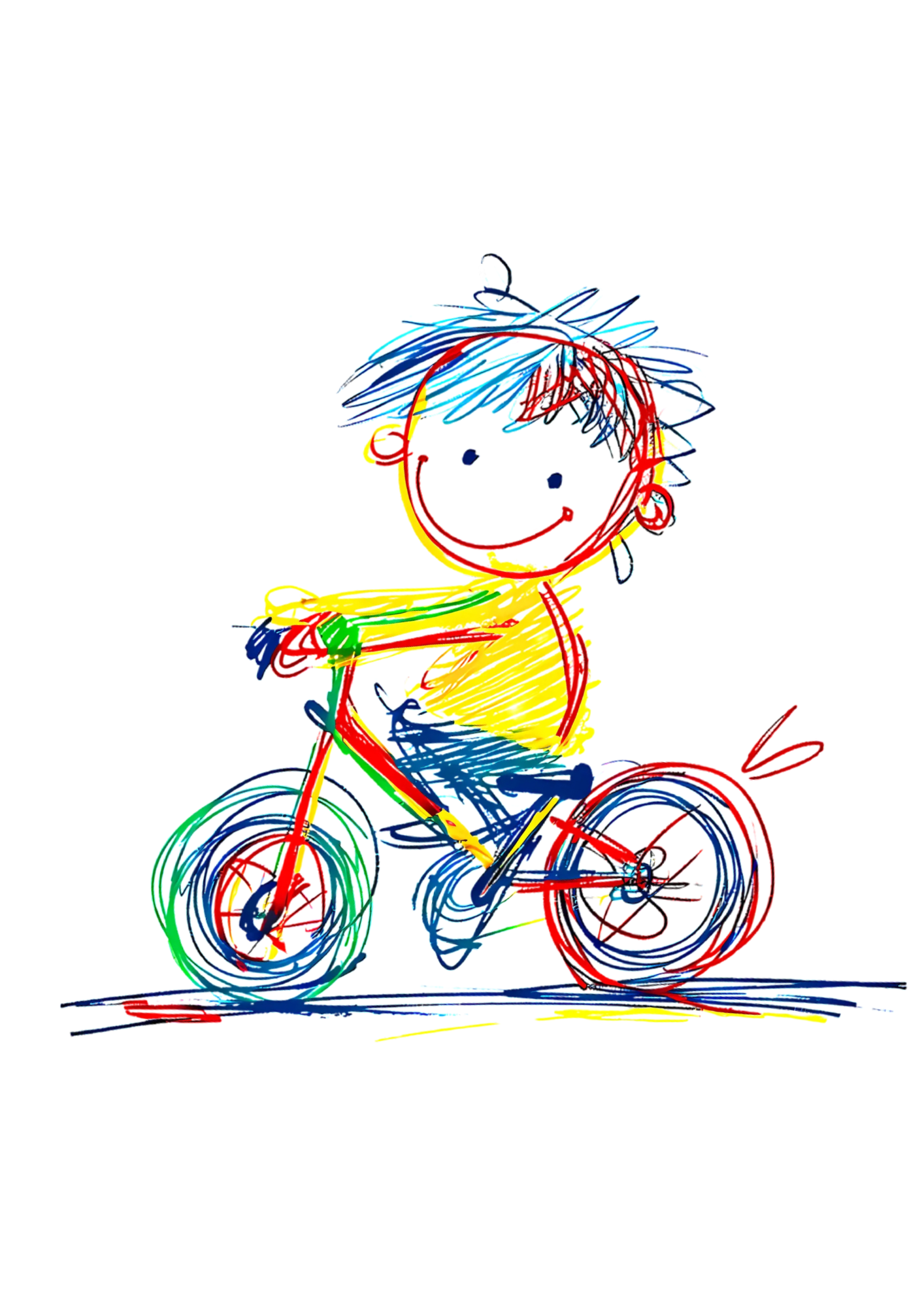 White t-shirt with colourful sketch of child on bicycle
