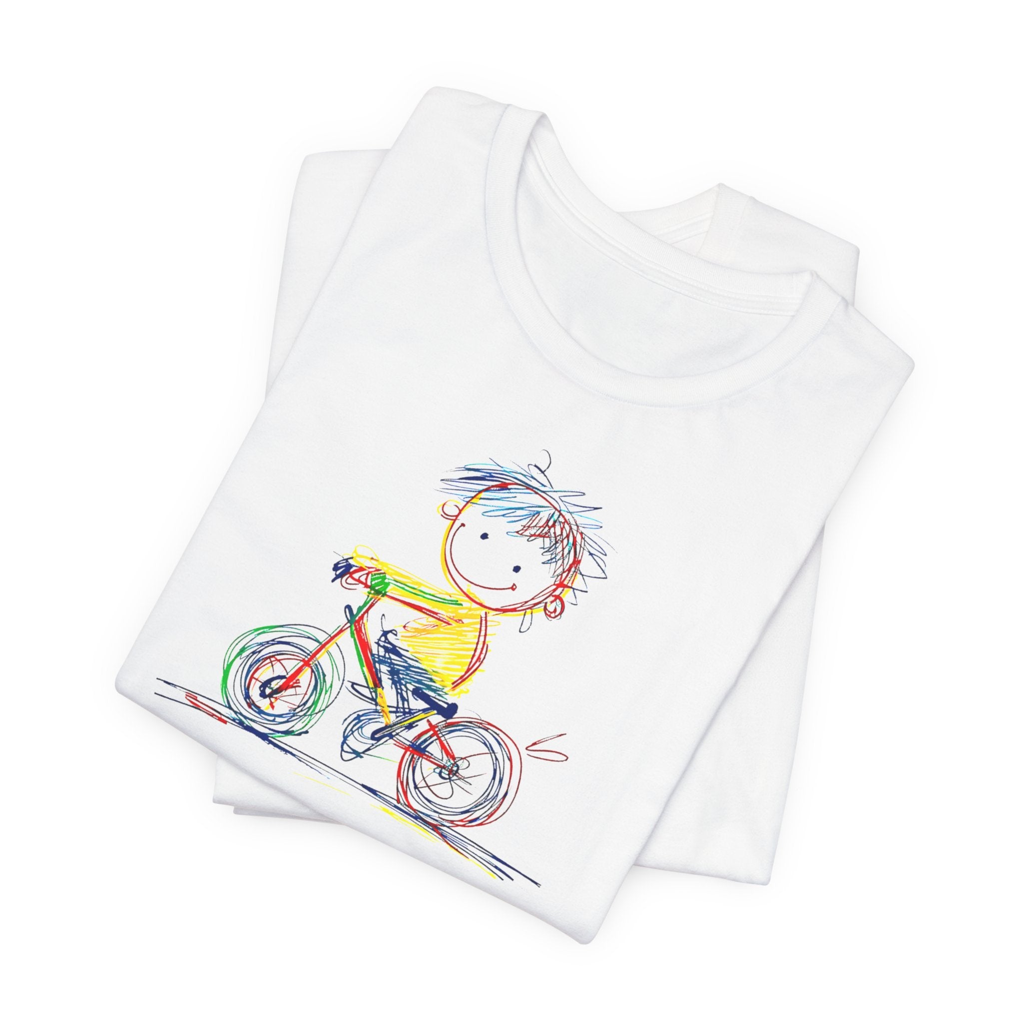 White t-shirt with colourful sketch of child on bicycle