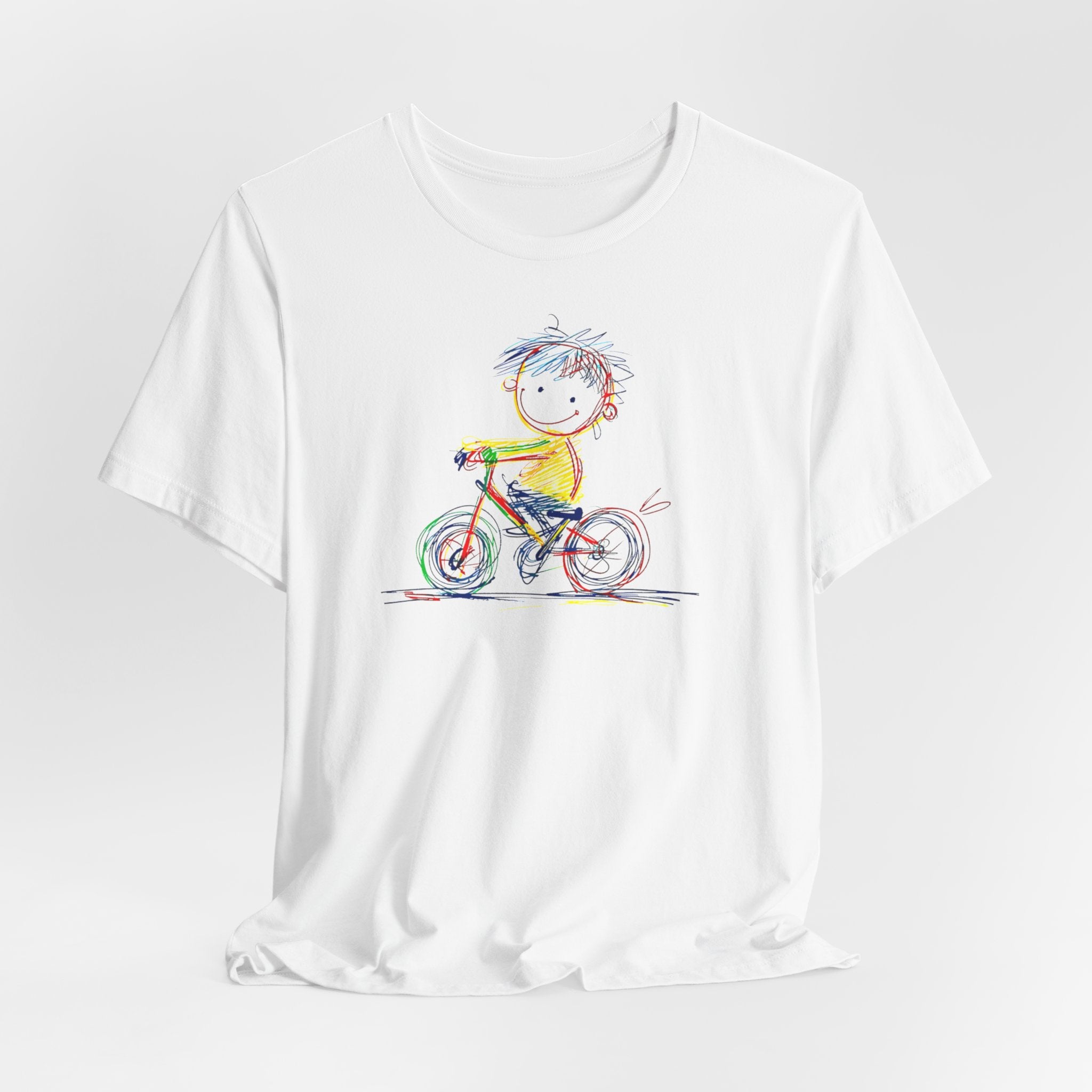 White t-shirt with colourful sketch of child on bicycle