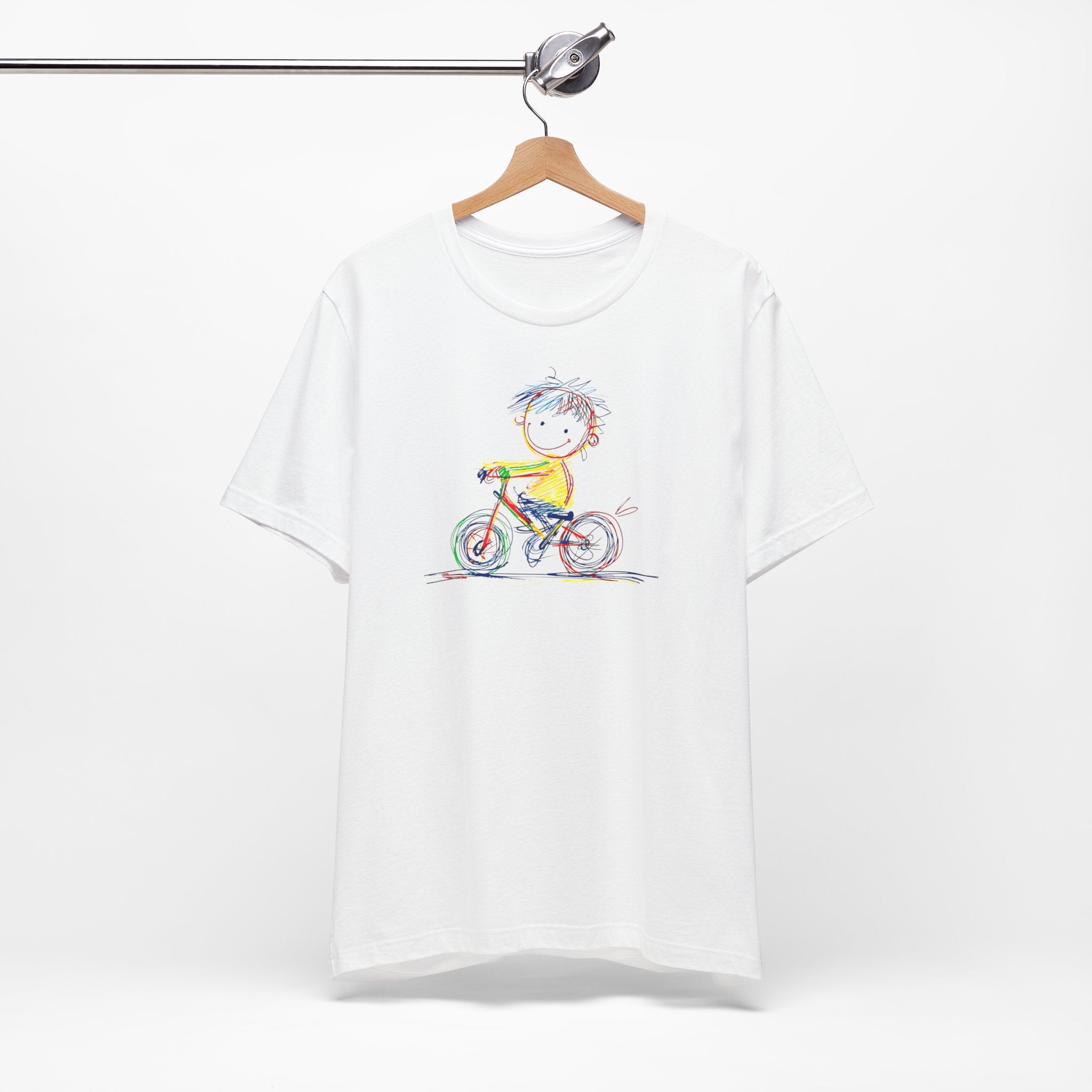 White t-shirt with colourful sketch of child on bicycle