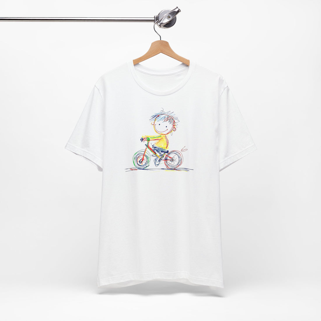 White t-shirt with colourful sketch of child on bicycle