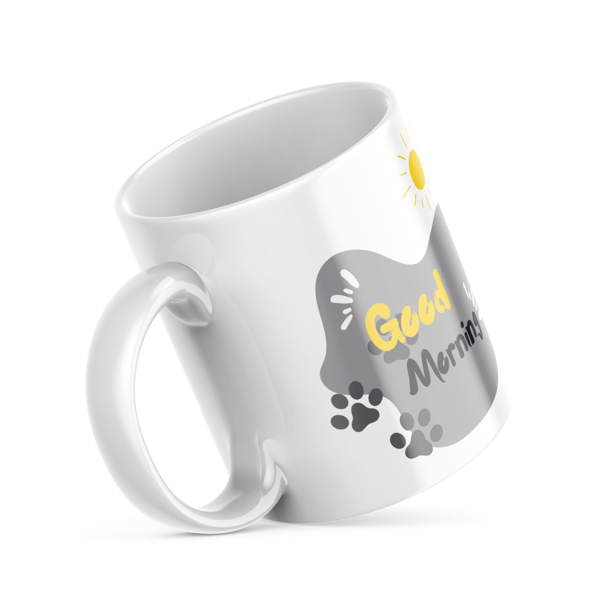 Good Morning text with yellow sun and paw prints on cat lover mug
