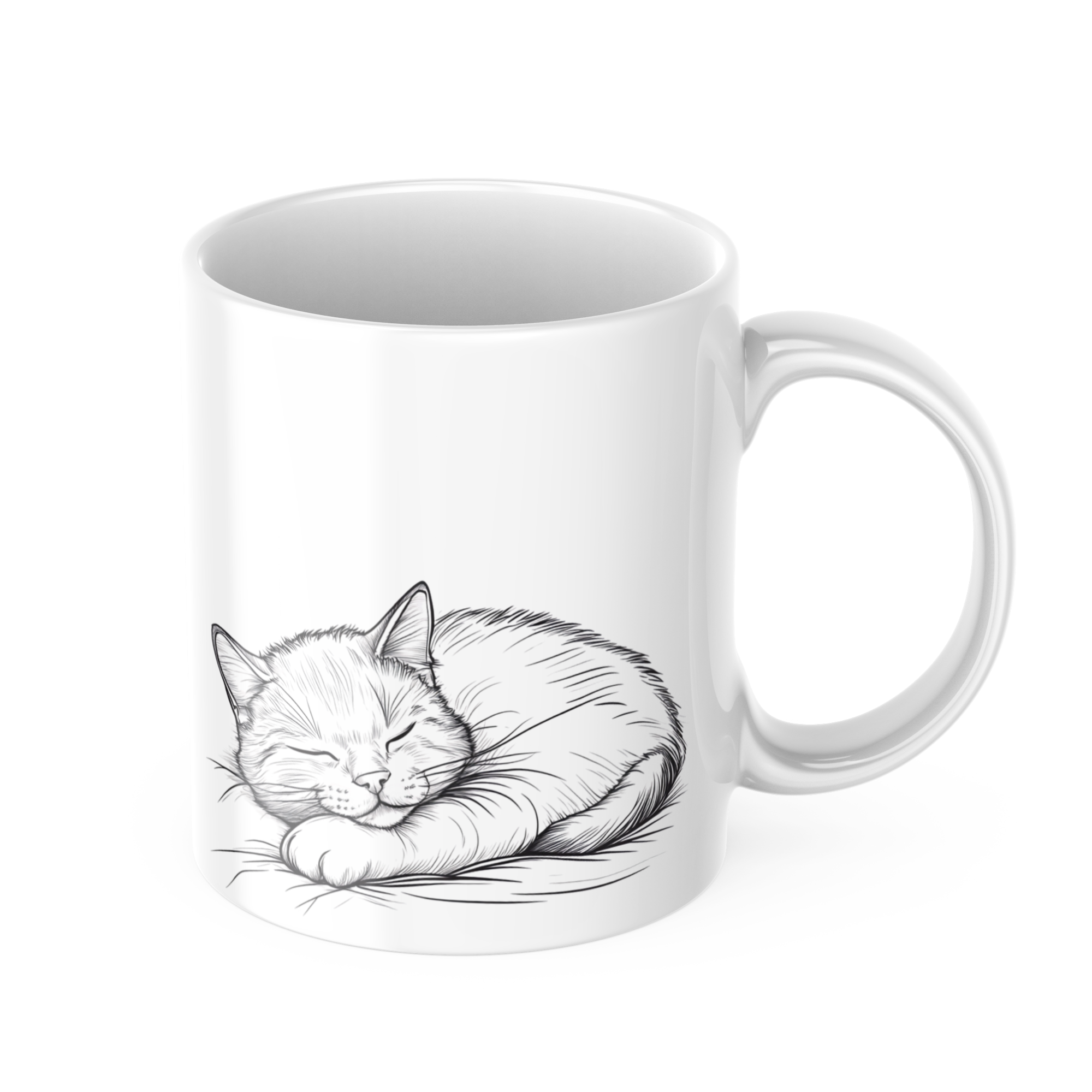 Woman enjoying morning coffee with sleeping cat mug at breakfast table
