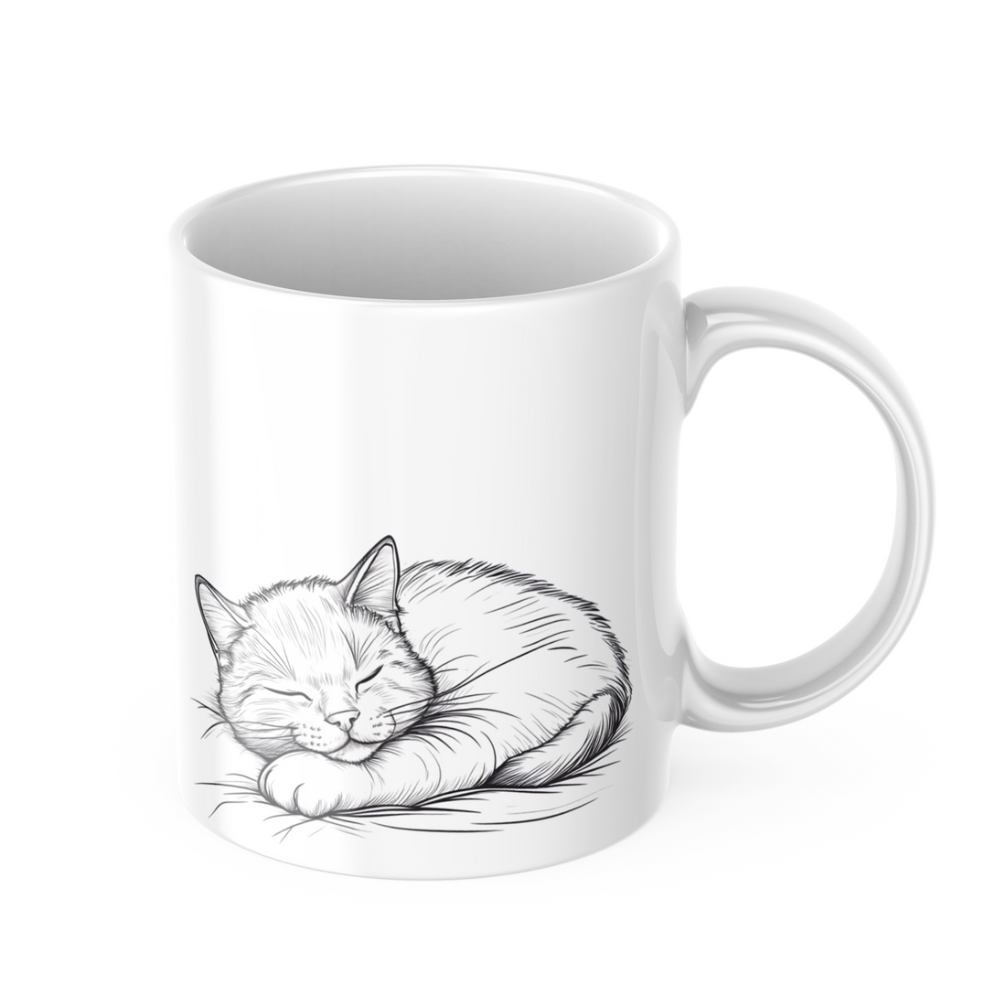 Woman enjoying morning coffee with sleeping cat mug at breakfast table