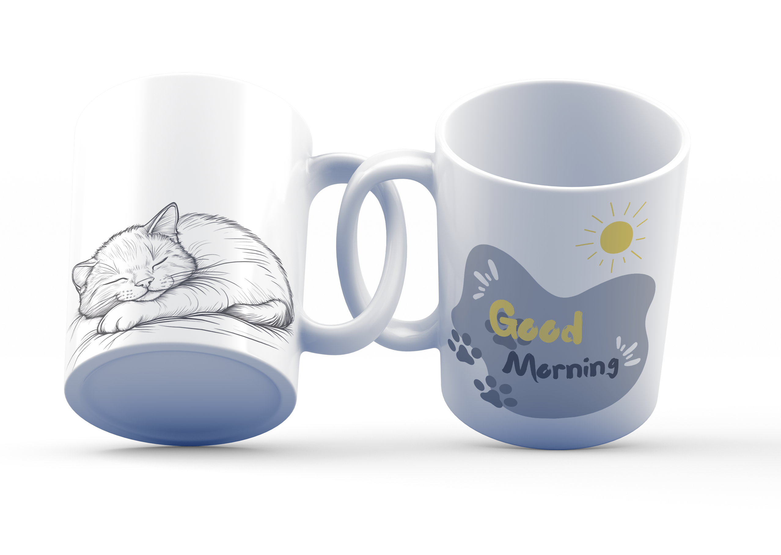 A white ceramic coffee cup with a detailed black-and-white illustration of a sleeping cat on one side and a 'Good Morning' message with a sun and paw prints on the other side.