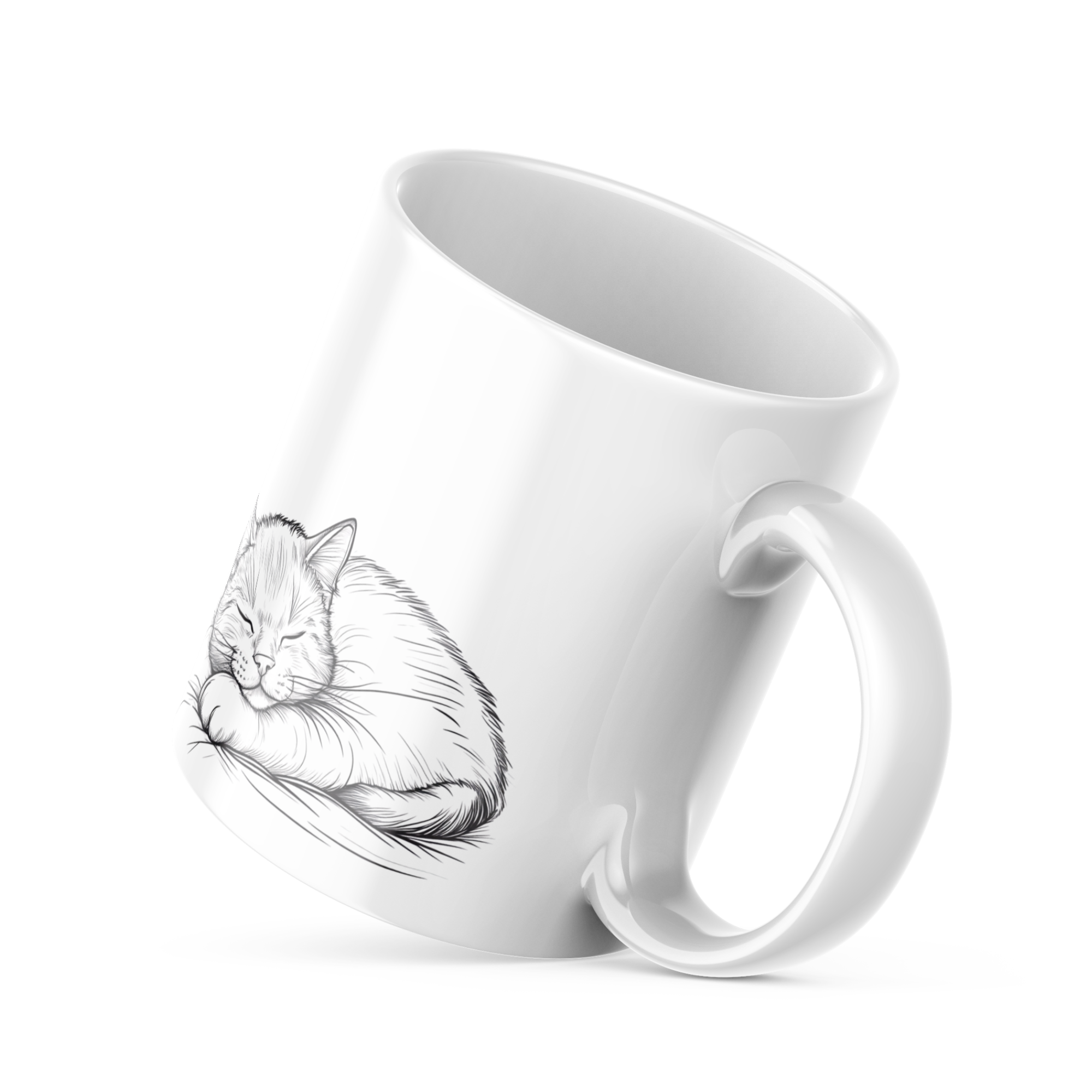 Detailed sleeping cat illustration on white ceramic mug