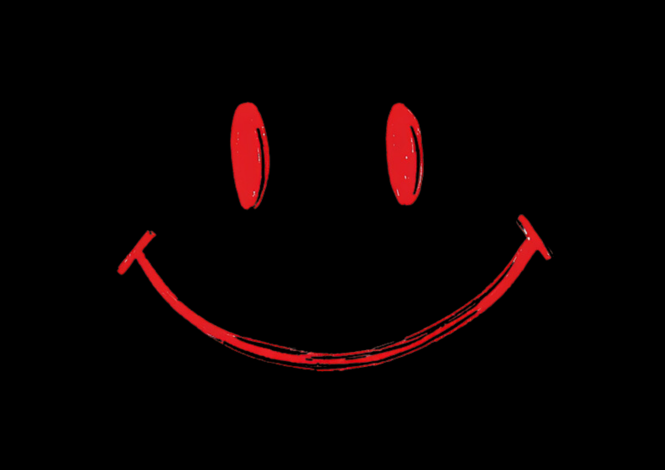 A black crew neck t-shirt with a minimalist hand-drawn red smiley face design on the front.