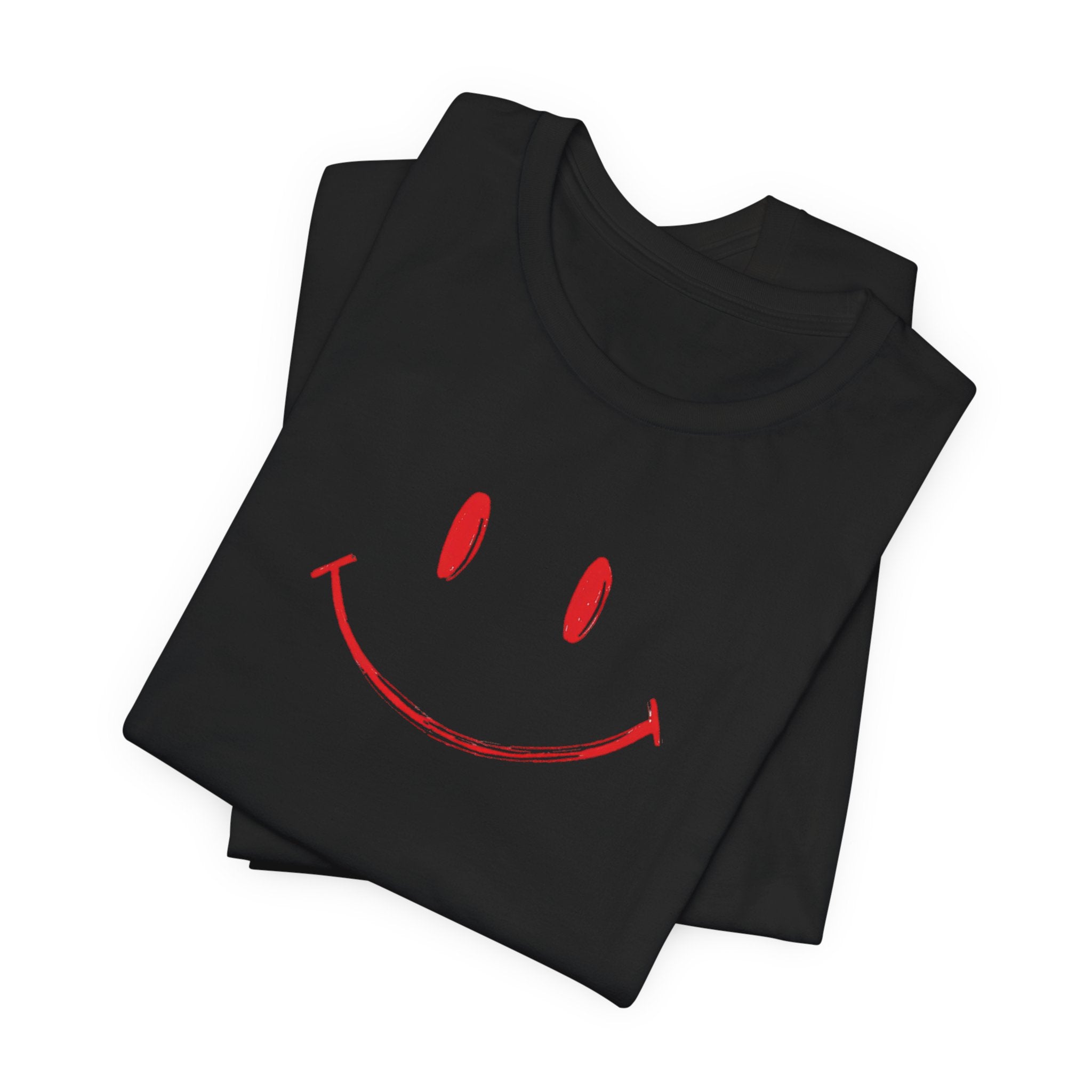 A black crew neck t-shirt with a minimalist hand-drawn red smiley face design on the front.