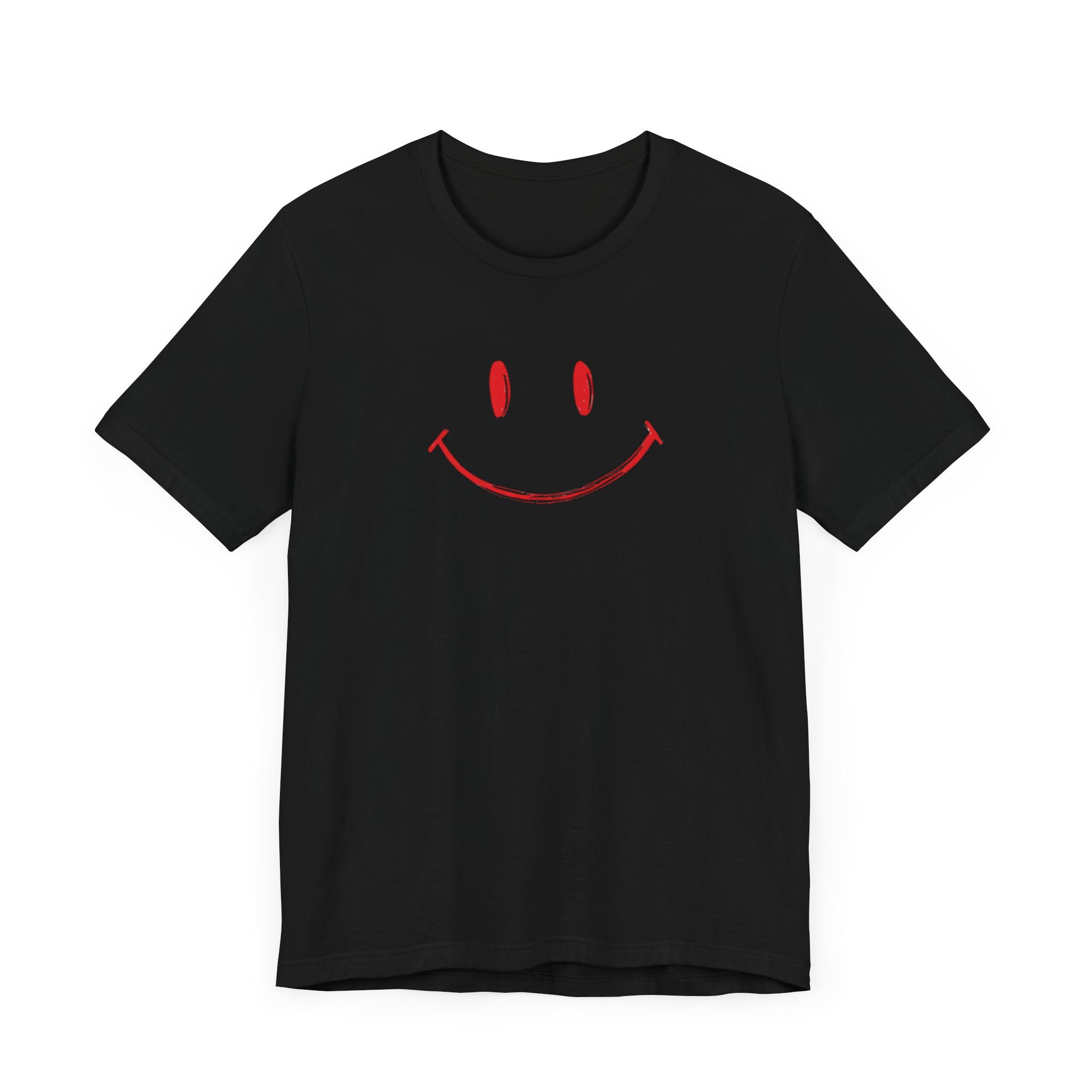 A black crew neck t-shirt with a minimalist hand-drawn red smiley face design on the front.
