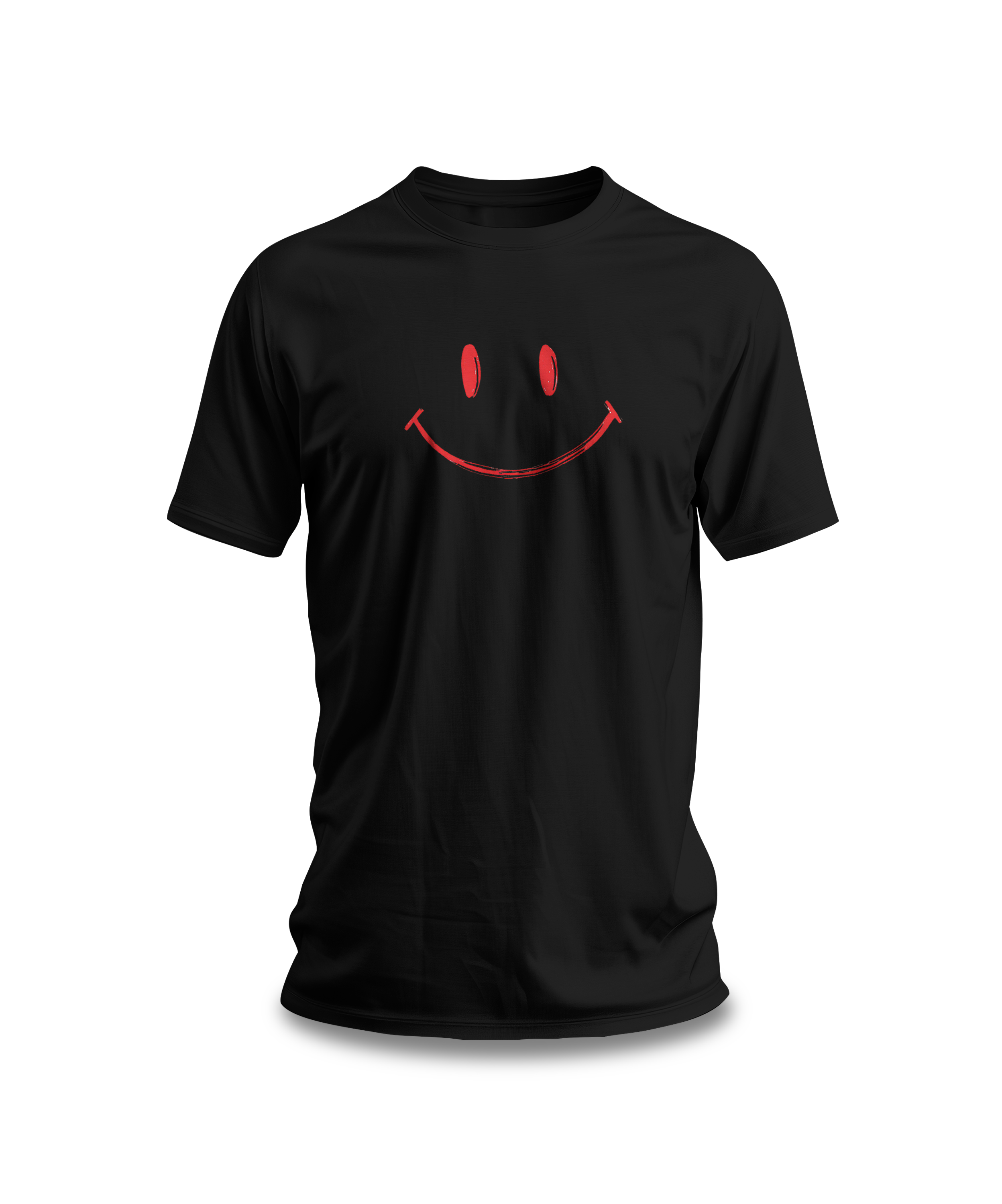 A black crew neck t-shirt with a minimalist hand-drawn red smiley face design on the front.