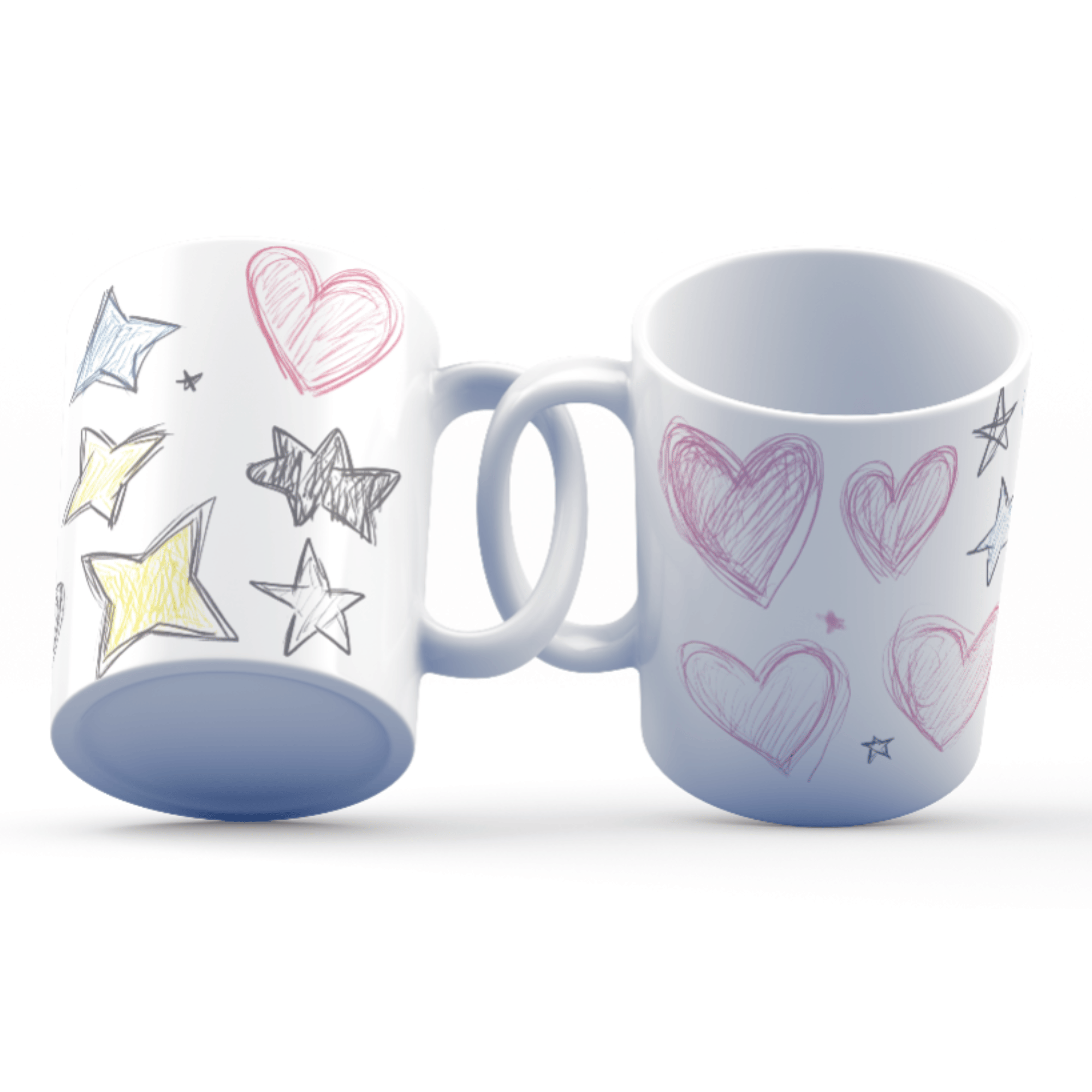 Two mugs with star and heart designs on a white background