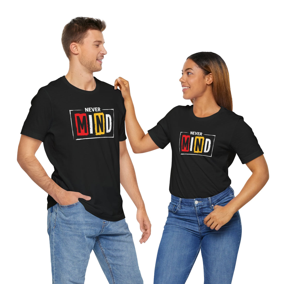 Black streetwear t-shirt with “Never Mind” typography graphic
