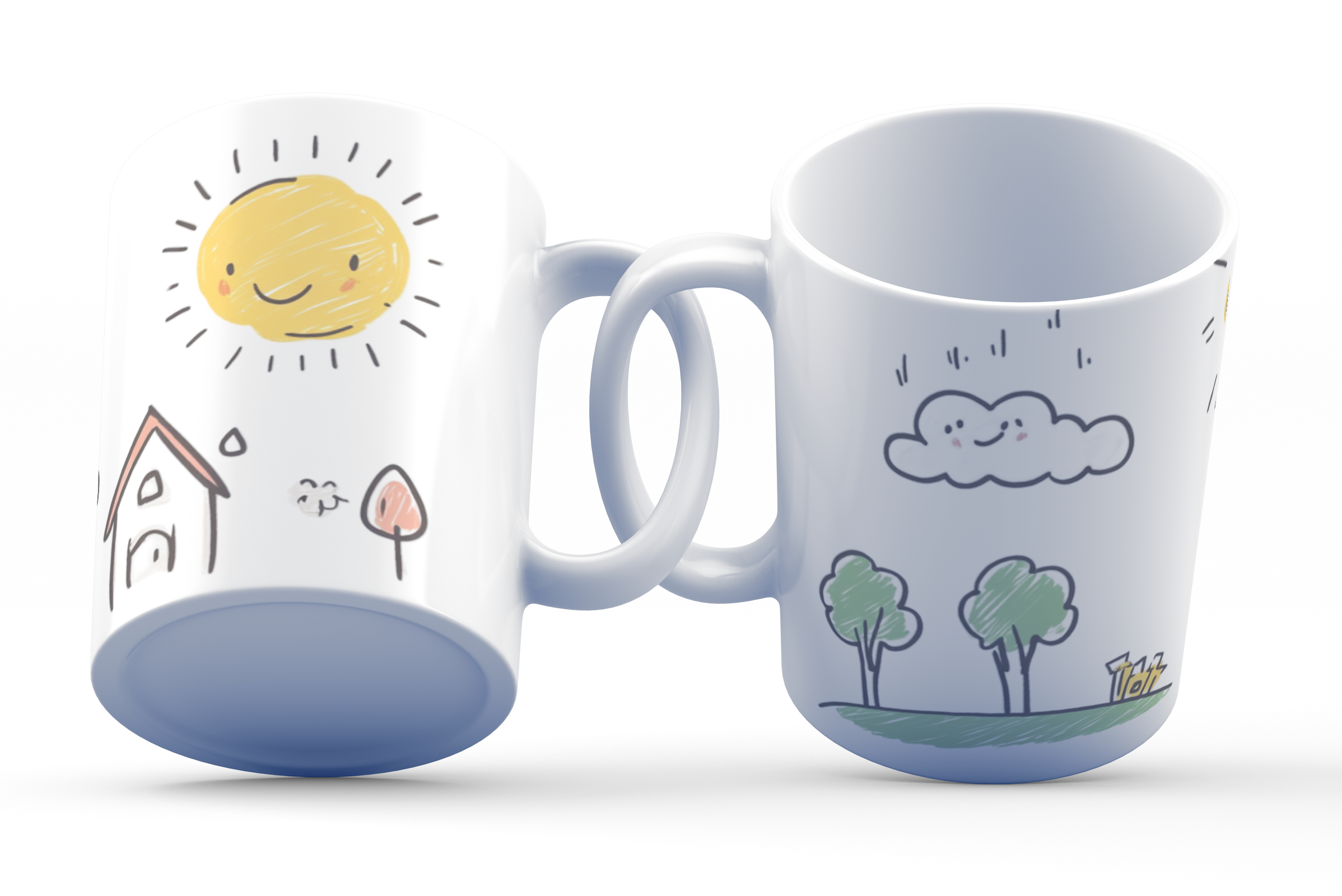 A white ceramic coffee mug with hand-drawn sun, cloud, and nature sketches, featuring a cheerful sun and trees on one side and a house and raindrops on the reverse.