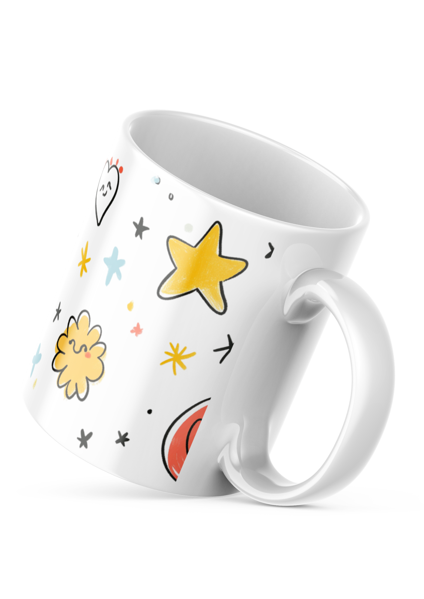 A white ceramic coffee cup with colorful doodle patterns including stars and hearts, with a handle on the right side.