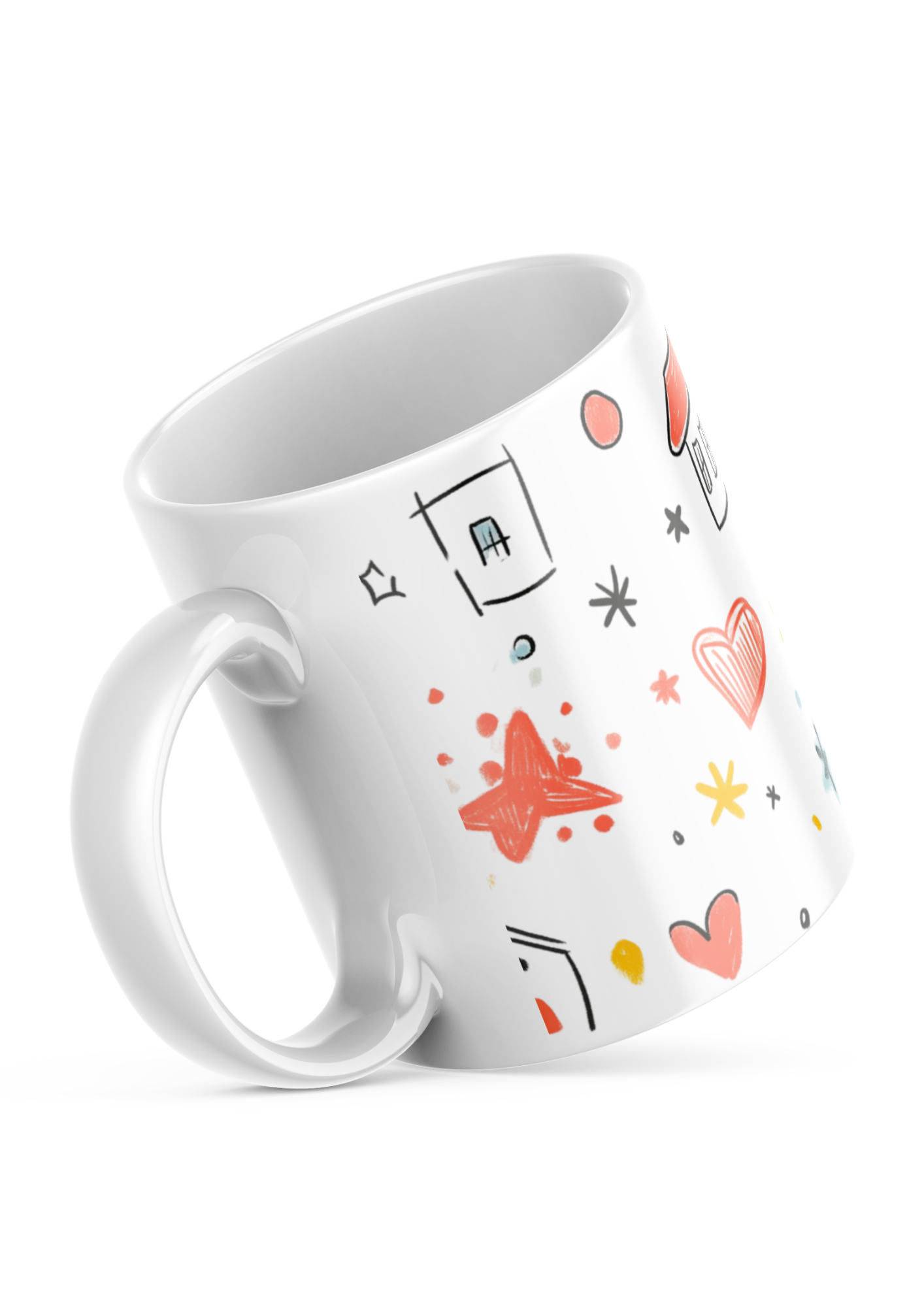 Sunny Doodle Mug 11oz with yellow stars and smiley flower, ceramic cup