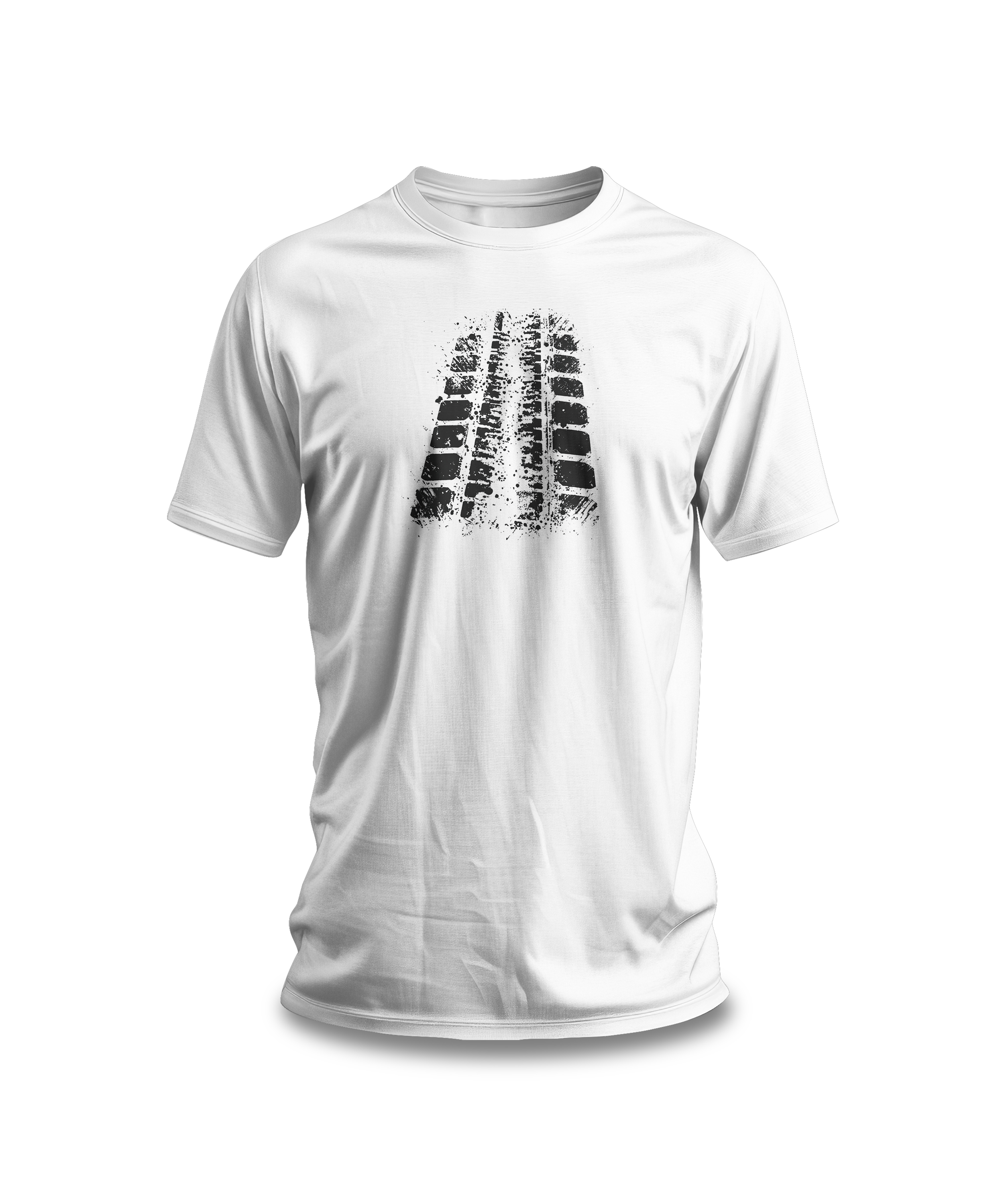 A white crew neck t-shirt with a bold black tire mark design on the front.