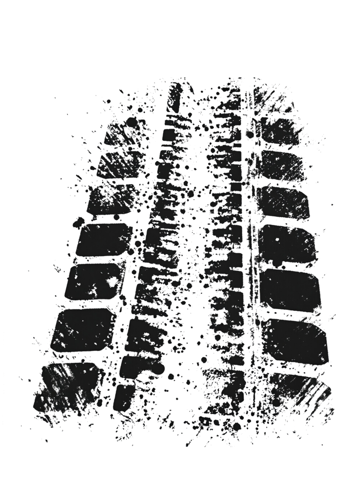 A white crew neck t-shirt with a bold black tire mark design on the front.