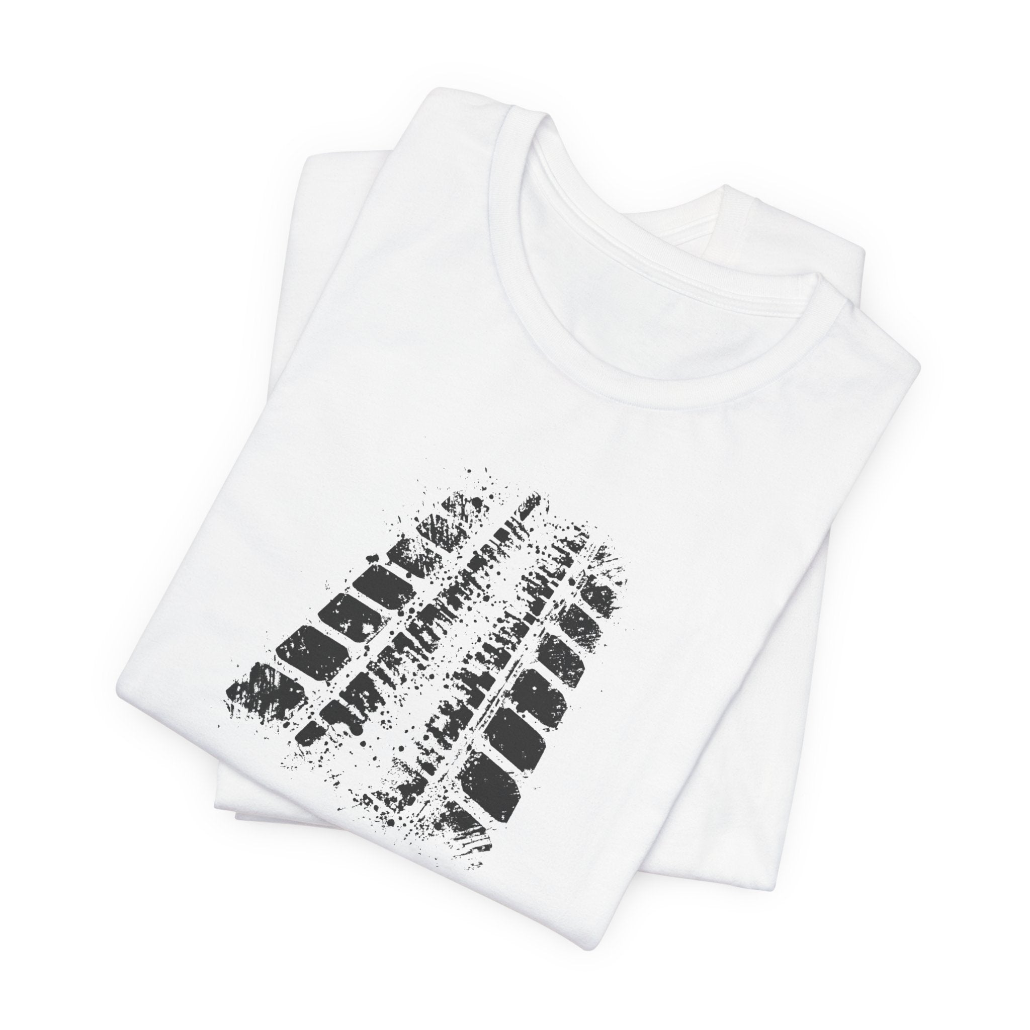 A white crew neck t-shirt with a bold black tire mark design on the front.
