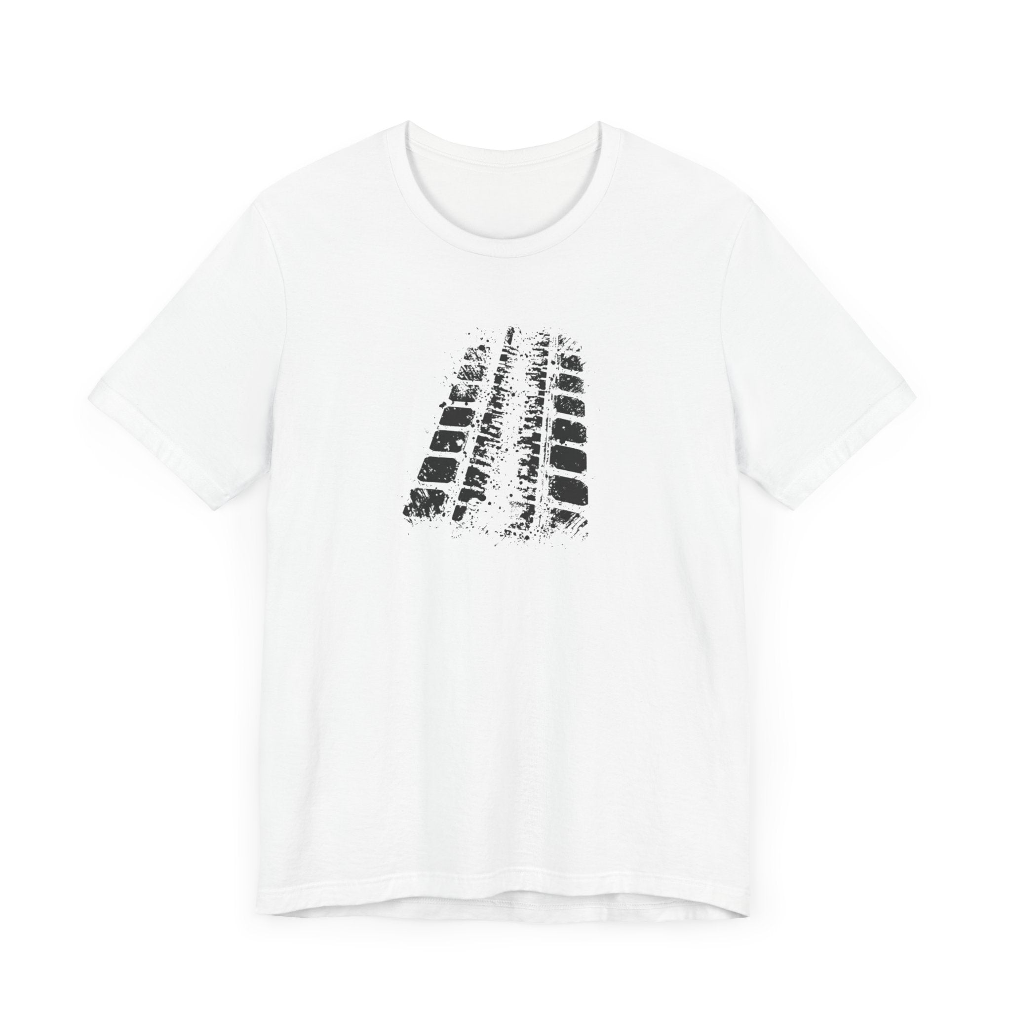 A white crew neck t-shirt with a bold black tire mark design on the front.