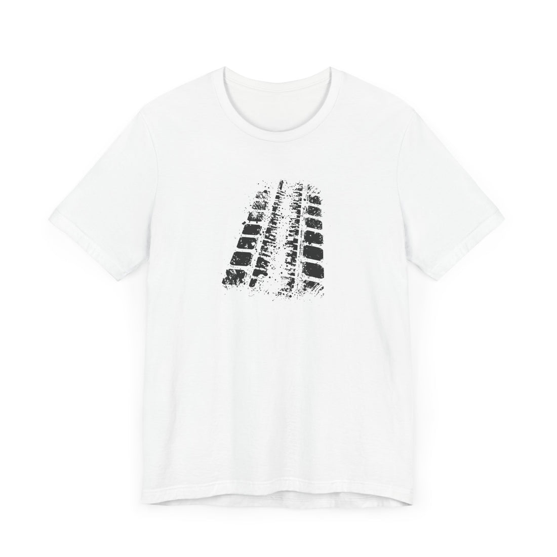 A white crew neck t-shirt with a bold black tire mark design on the front.