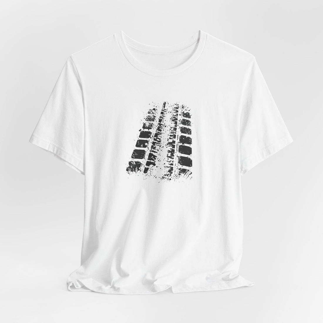A white crew neck t-shirt with a bold black tire mark design on the front.
