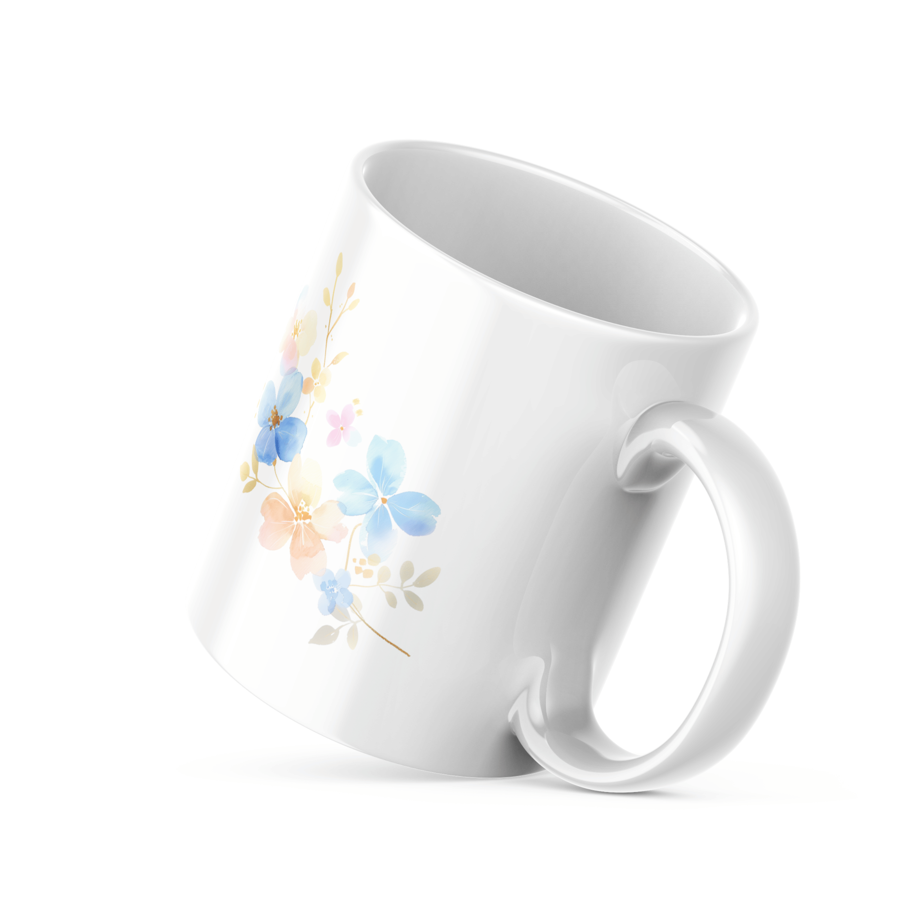 A set of two ceramic mugs, one with a floral watercolor design and the other with a 'Good Morning' message in white text on a blue background, both featuring a handle.
