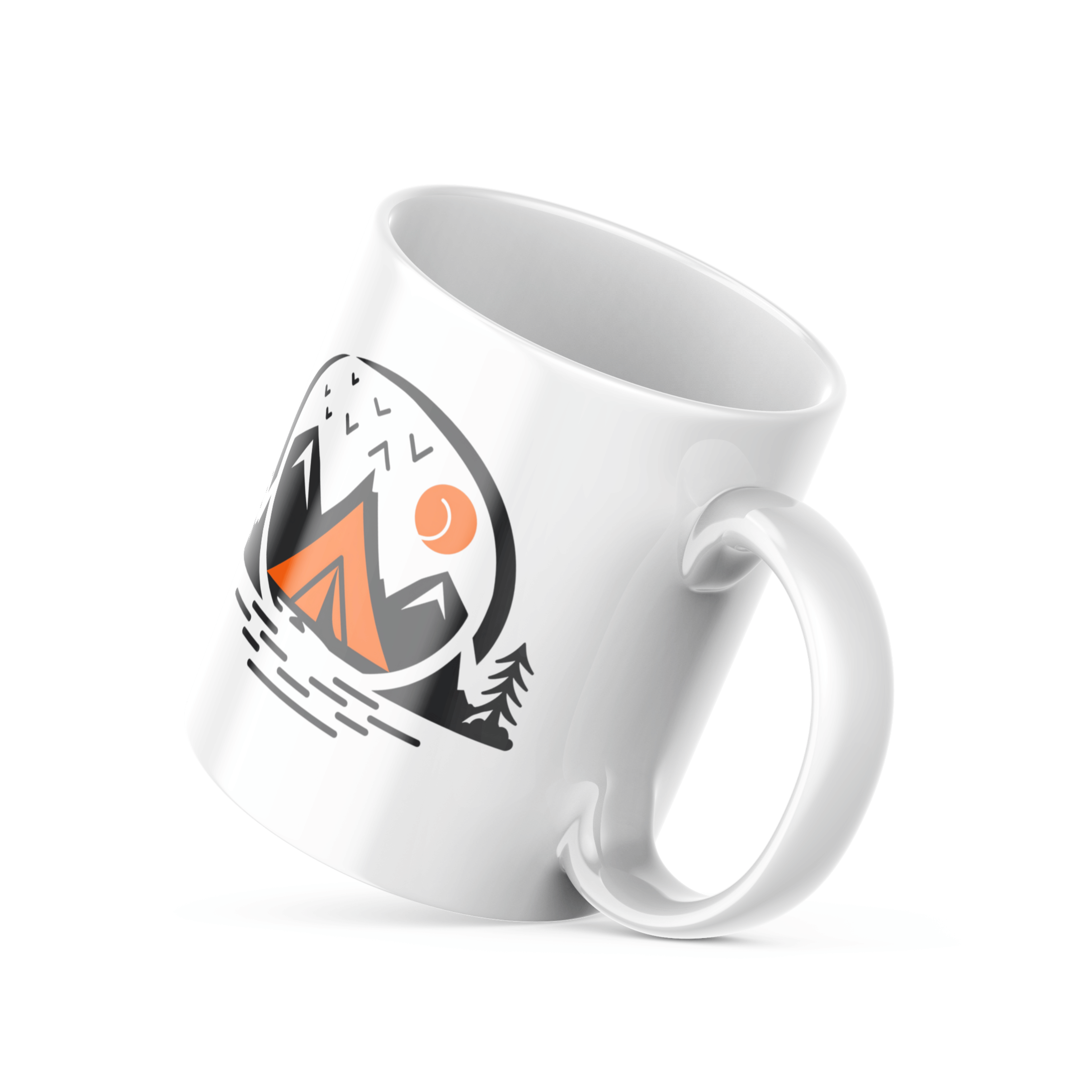 Two ceramic mugs with designs. The first mug has a mountain and tent design with a sun, and the second mug has a 'Good Morning' message with a sun symbol.