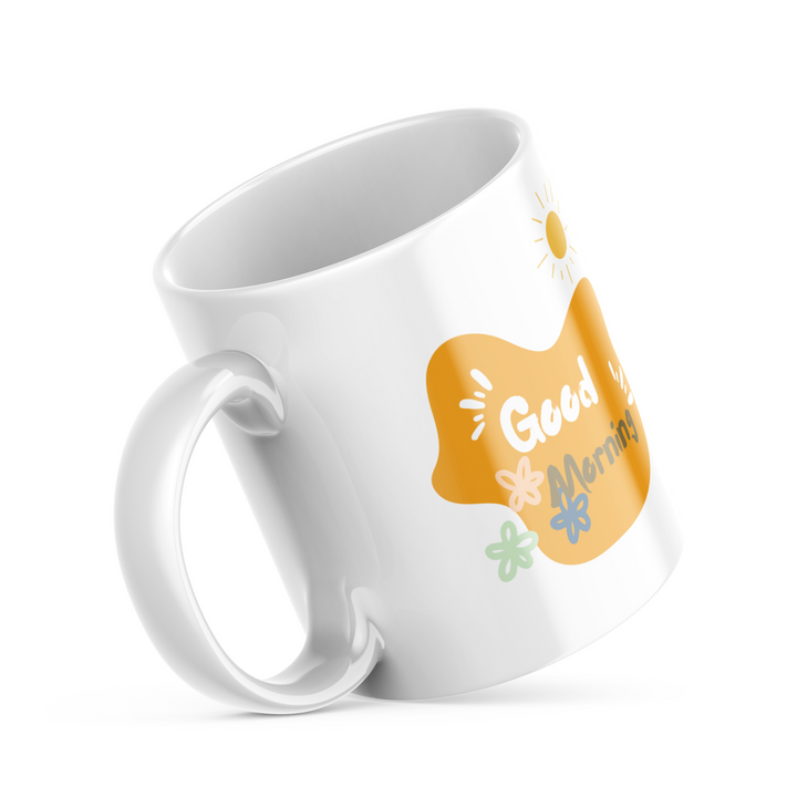 Closeup of colorful watercolor line art couple illustration on ceramic mug