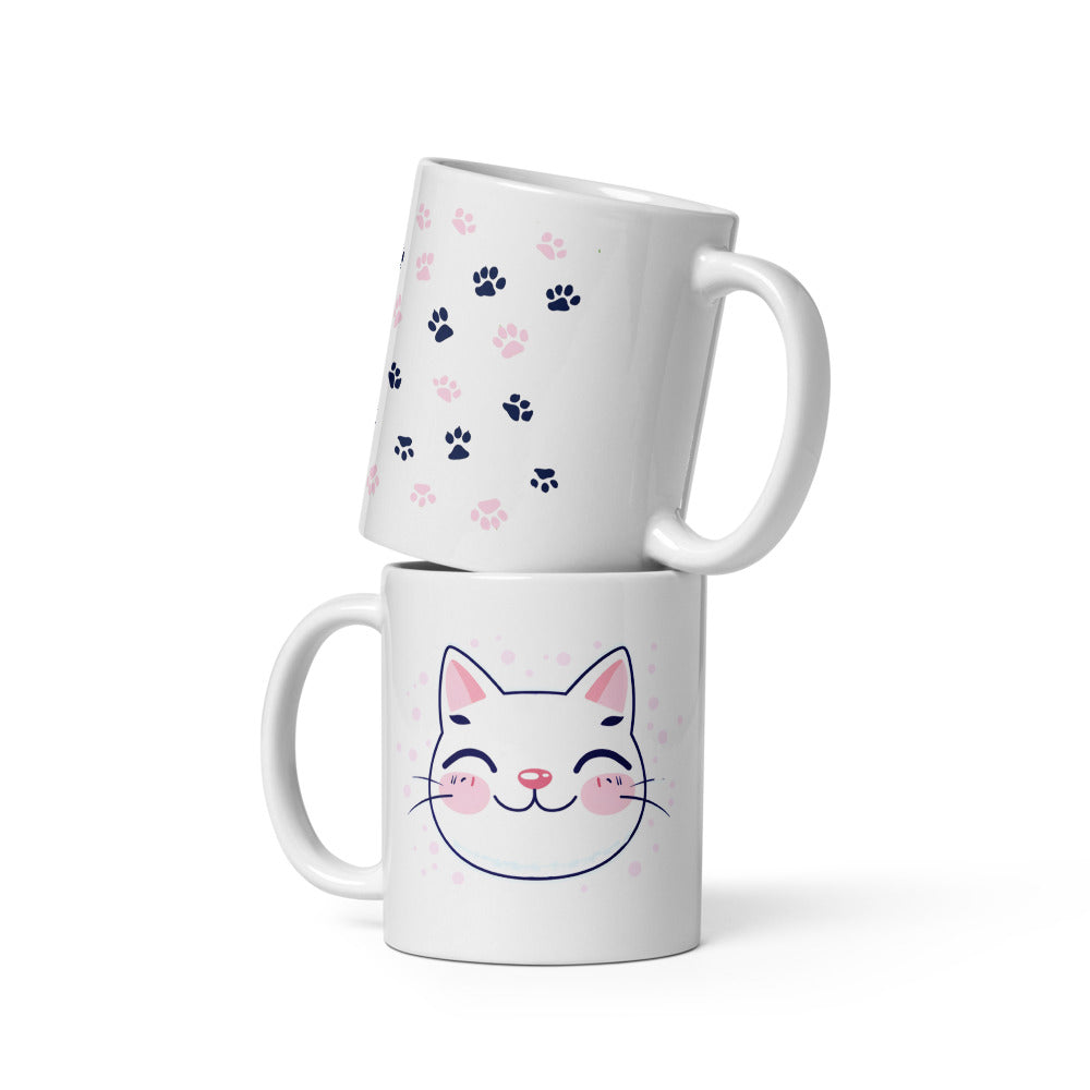 Cute Cat Mug – 11oz Ceramic Mug with Adorable Kitty Face and Paw Print Design – Perfect Gift for Cat Lovers – Dishwasher and Microwave Safe