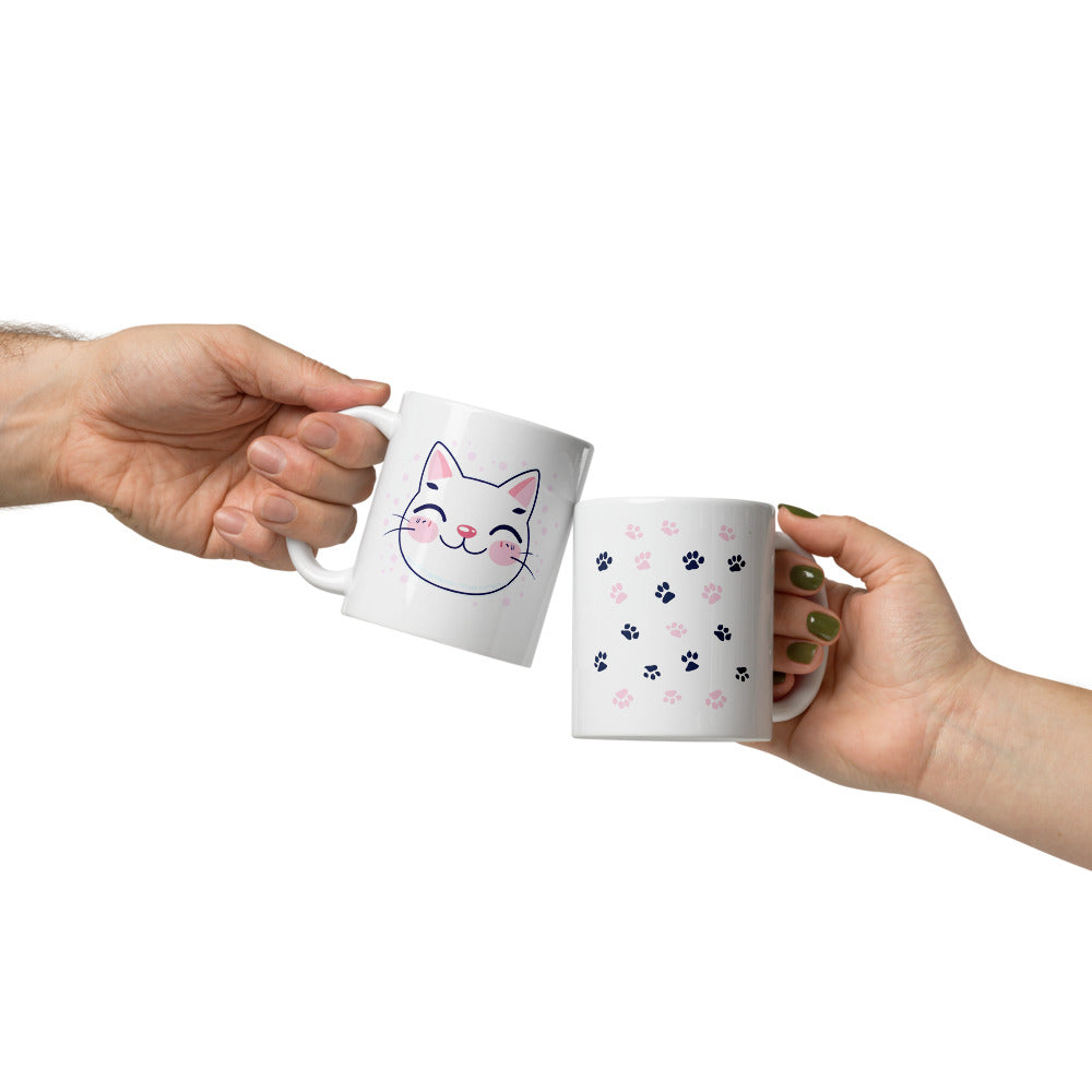 Cute Cat Mug – 11oz Ceramic Mug with Adorable Kitty Face and Paw Print Design – Perfect Gift for Cat Lovers – Dishwasher and Microwave Safe