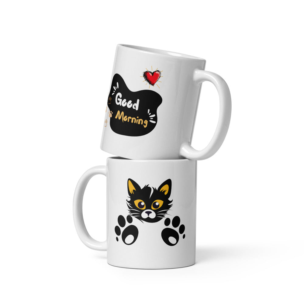 Good Morning Cat Mug – 11oz Ceramic Mug with Playful Kitty Design – Cute Black Cat and Heart Artwork – Ideal Gift for Cat Lovers – Microwave and Dishwasher Safe