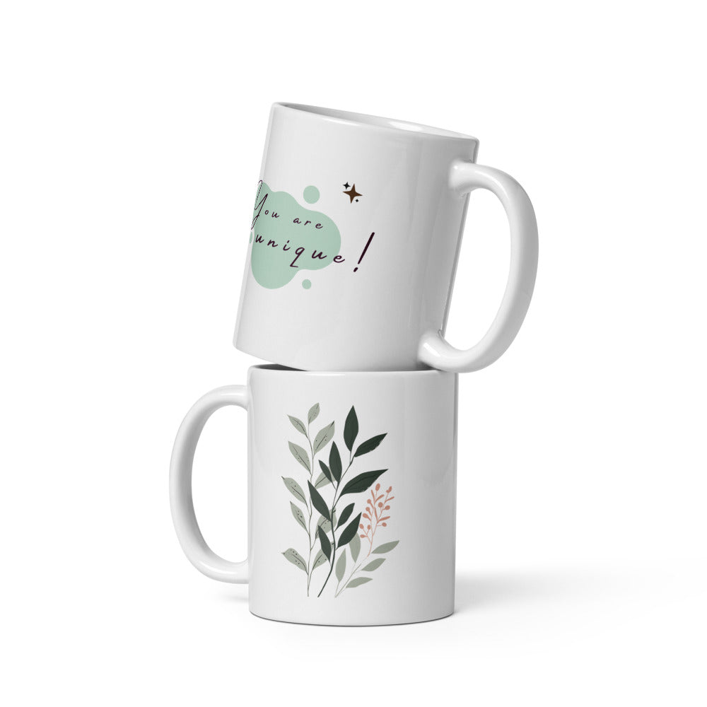 White ceramic coffee cup with “You Are Unique” text – gift for her UK