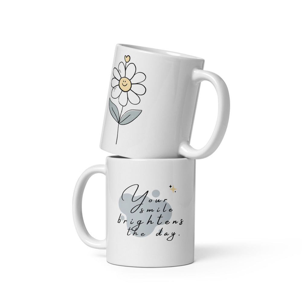 Ceramic coffee cup with “Your Smile Brightens the Day” text