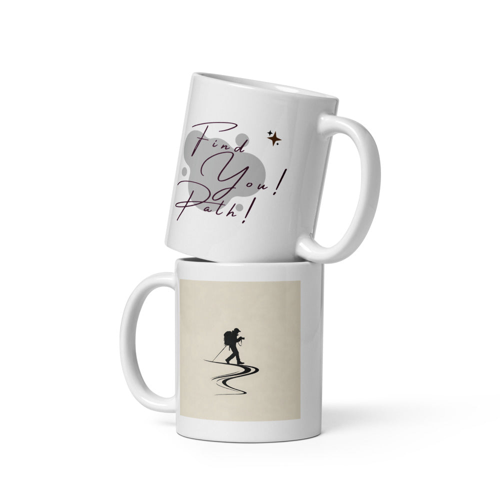 White ceramic hiking mug with Find Your Path motivational quote