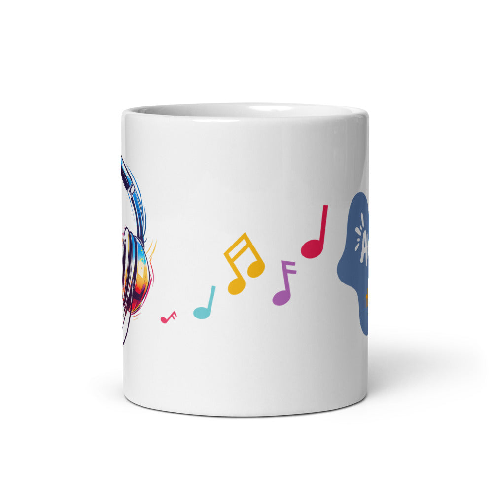 Always in Rhythm mug with colourful headphones design