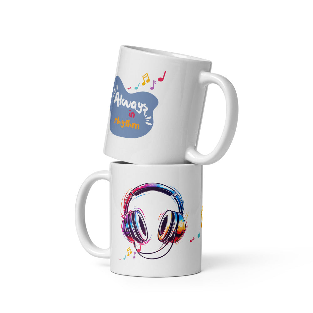 Always in Rhythm mug with colourful headphones design