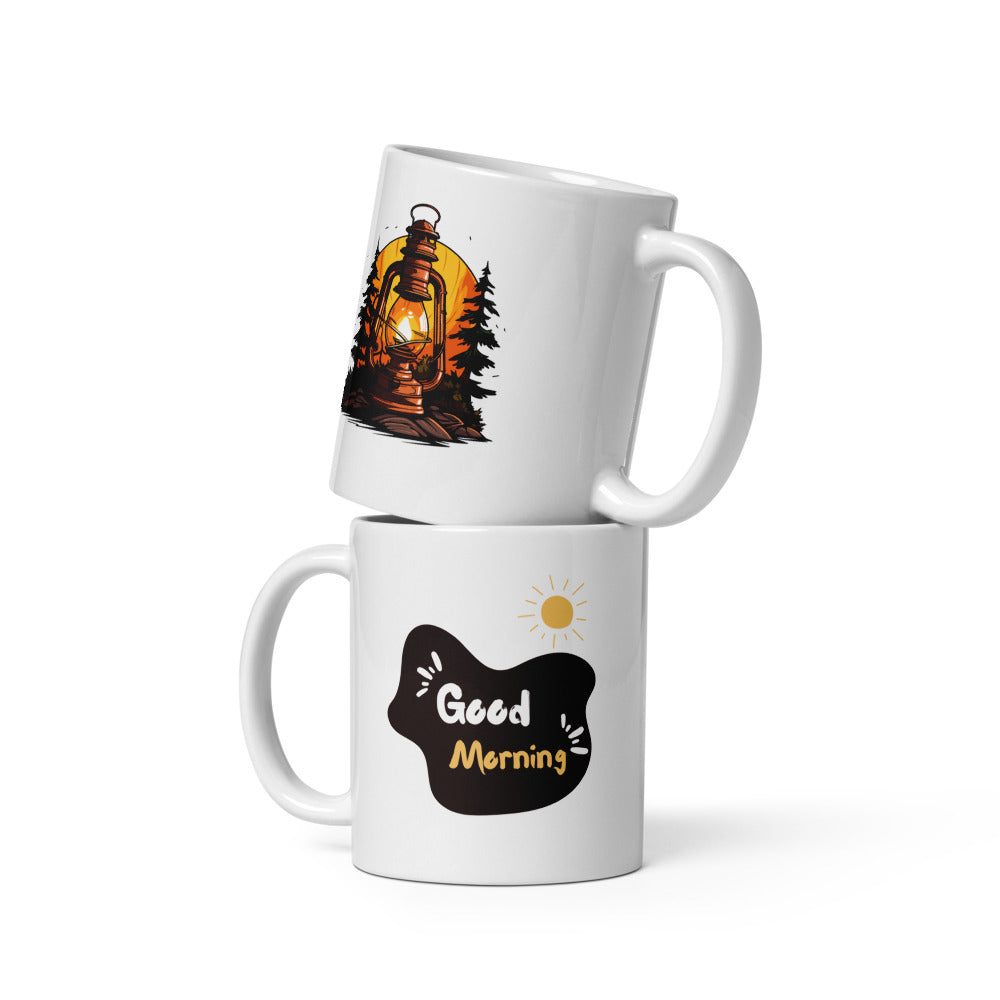 Adventure themed camping mug with lantern artwork – outdoor coffee cup UK