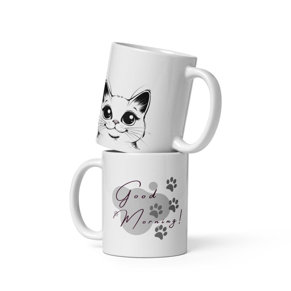 Cute Good Morning cat mug 11oz with a funny cat face and paw prints, a perfect gift for cat lovers and cat moms.