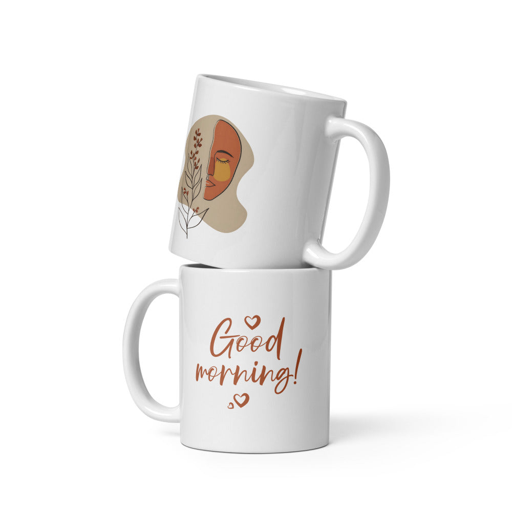 Aesthetic Good Morning mug 11oz with boho face line art design, a perfect ceramic coffee cup gift for her.