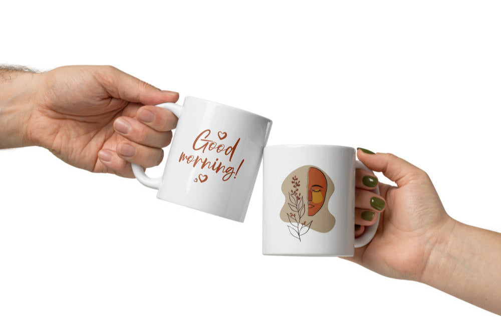 Aesthetic Good Morning mug 11oz with boho face line art design, a perfect ceramic coffee cup gift for her.