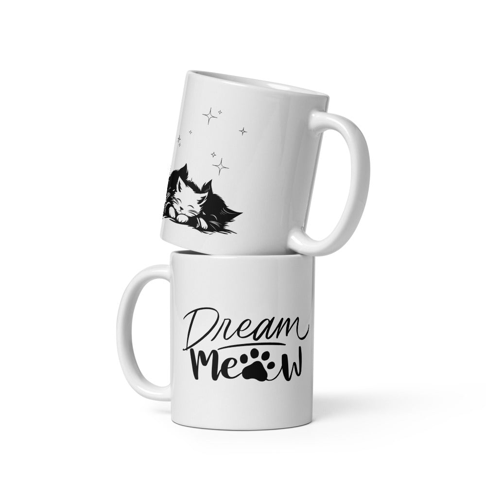 Dream Meow cat lovers mug 11oz with sleeping kitty design, cute ceramic coffee cup gift

