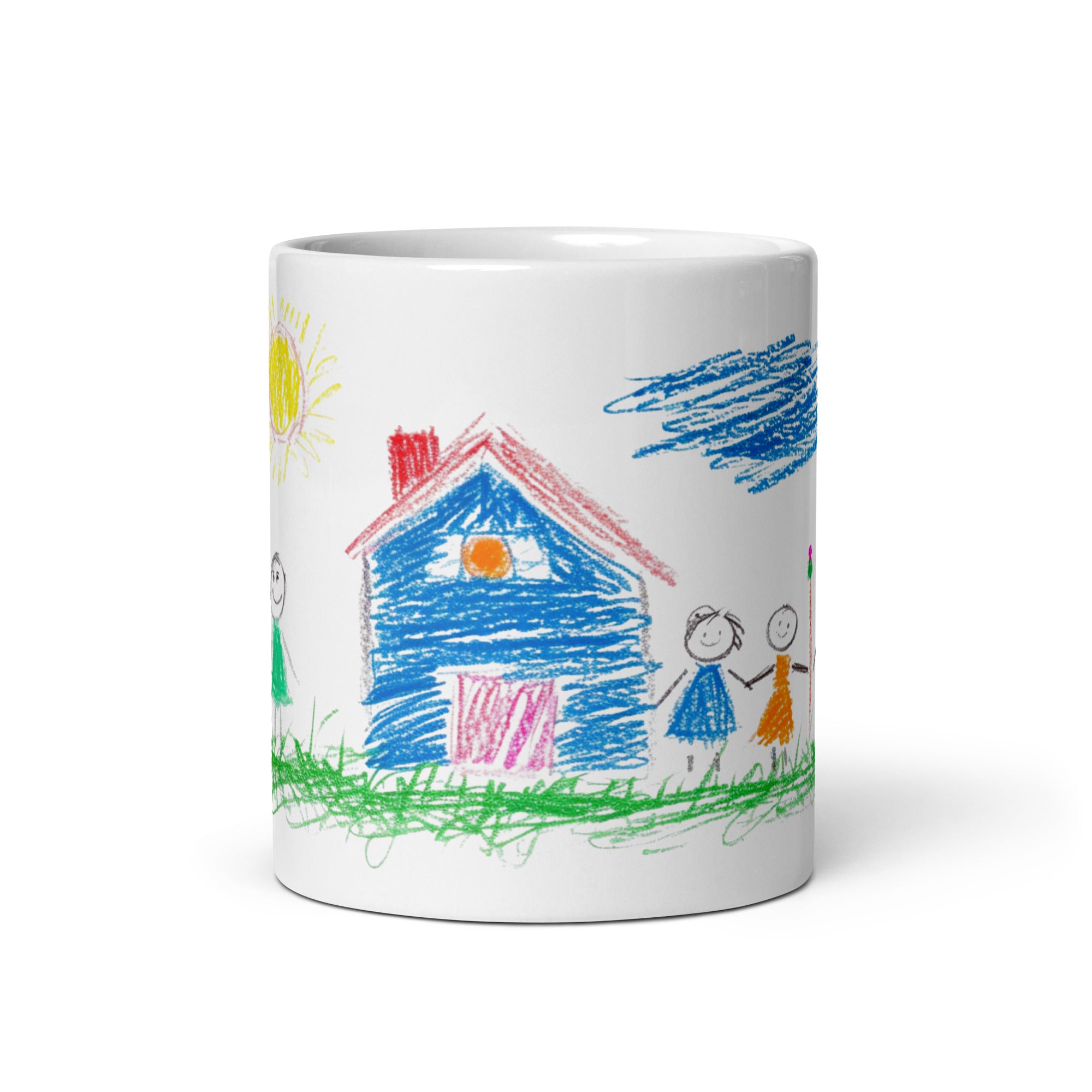 Two white ceramic mugs with colorful childlike drawings. One mug displays a house, sun, and a smiling family.