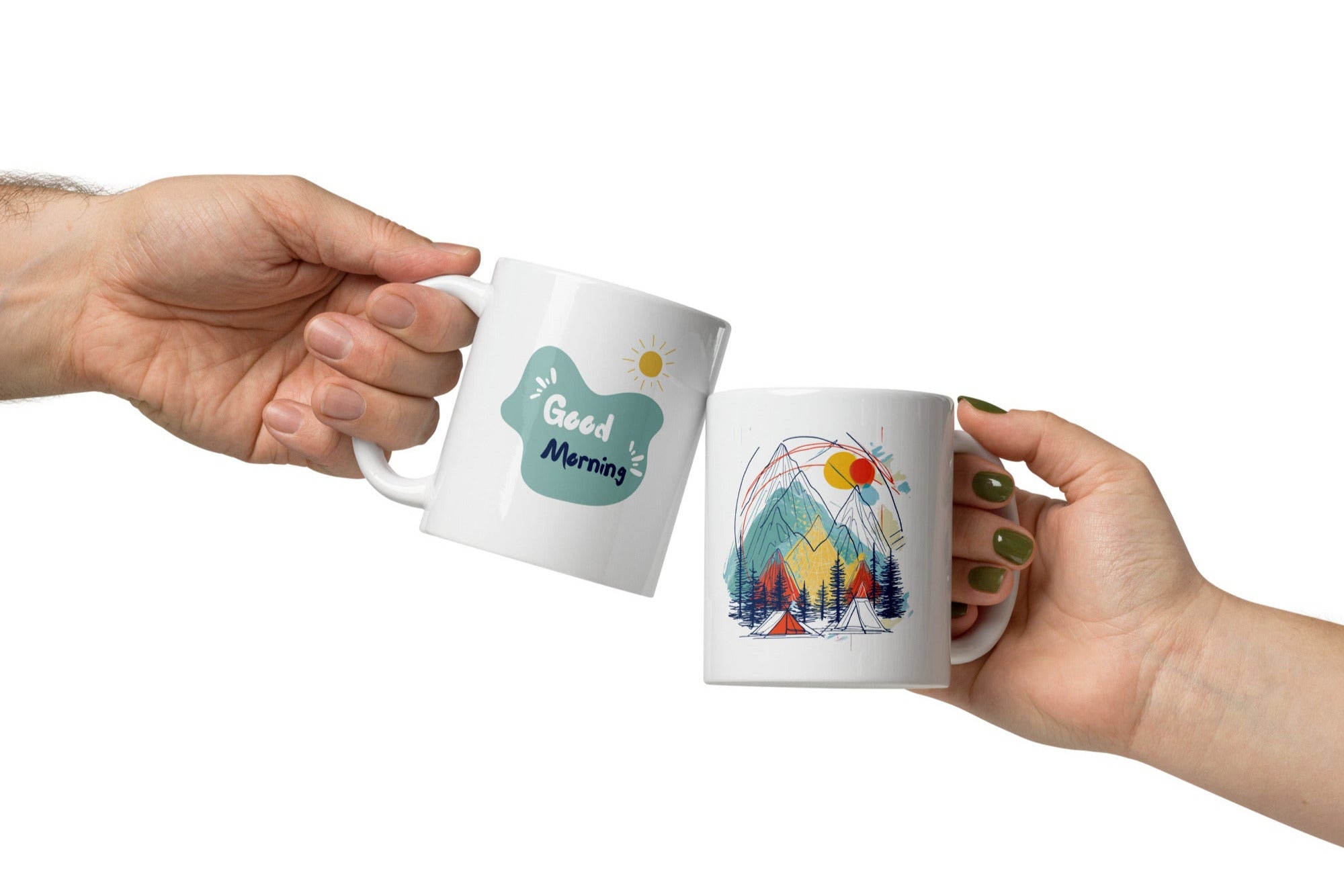 Romantic Mountain Tent Mug 11oz with colourful outdoor camping illustration and Good Morning text, ceramic coffee cup for hikers and adventure lovers
