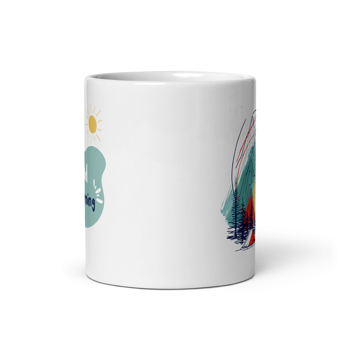 Romantic Mountain Tent Mug 11oz with colourful outdoor camping illustration and Good Morning text, ceramic coffee cup for hikers and adventure lovers

